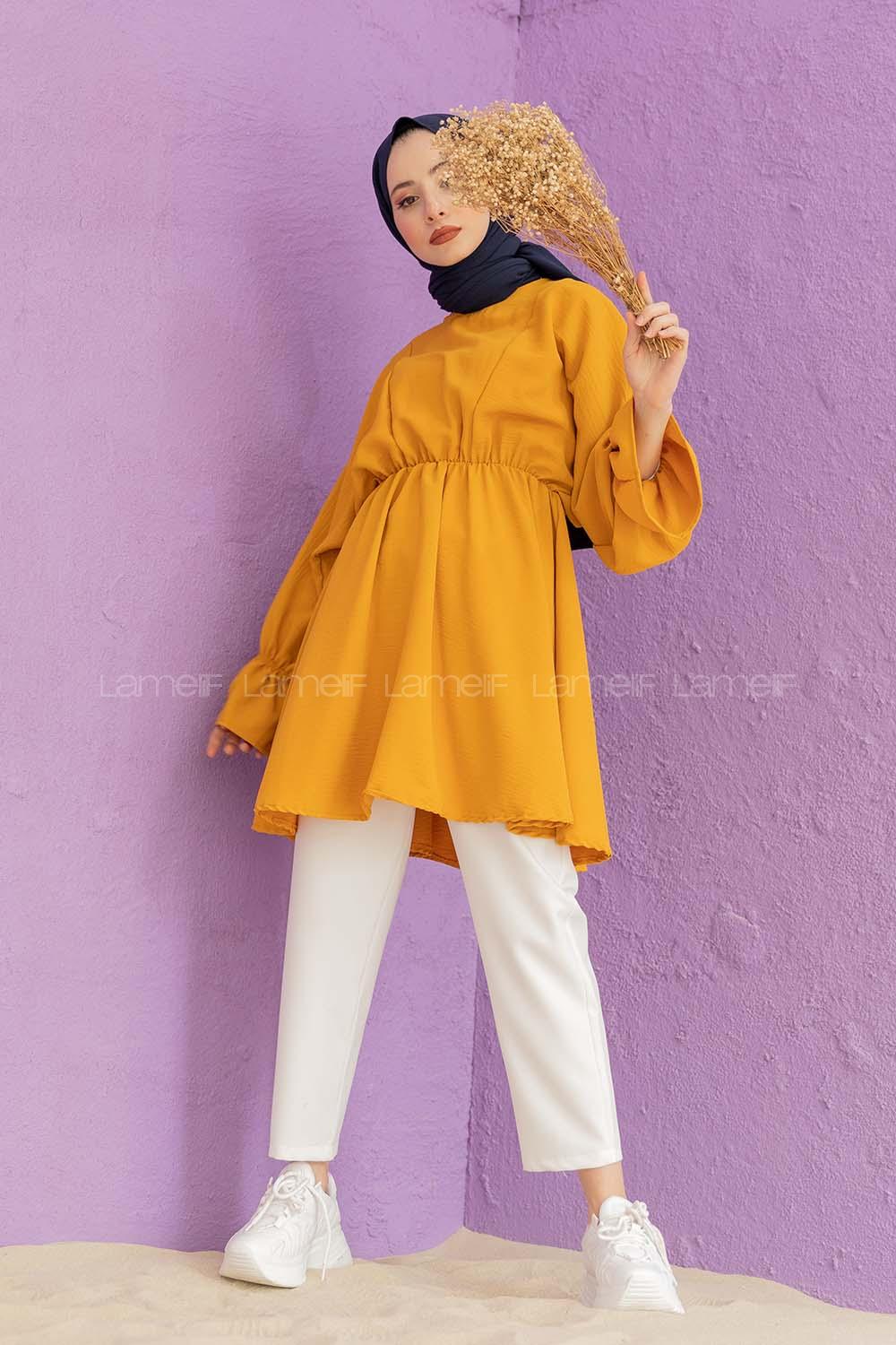 Modalamelif Balon Kol Ayrobin Tunik  Hardal Sarısı