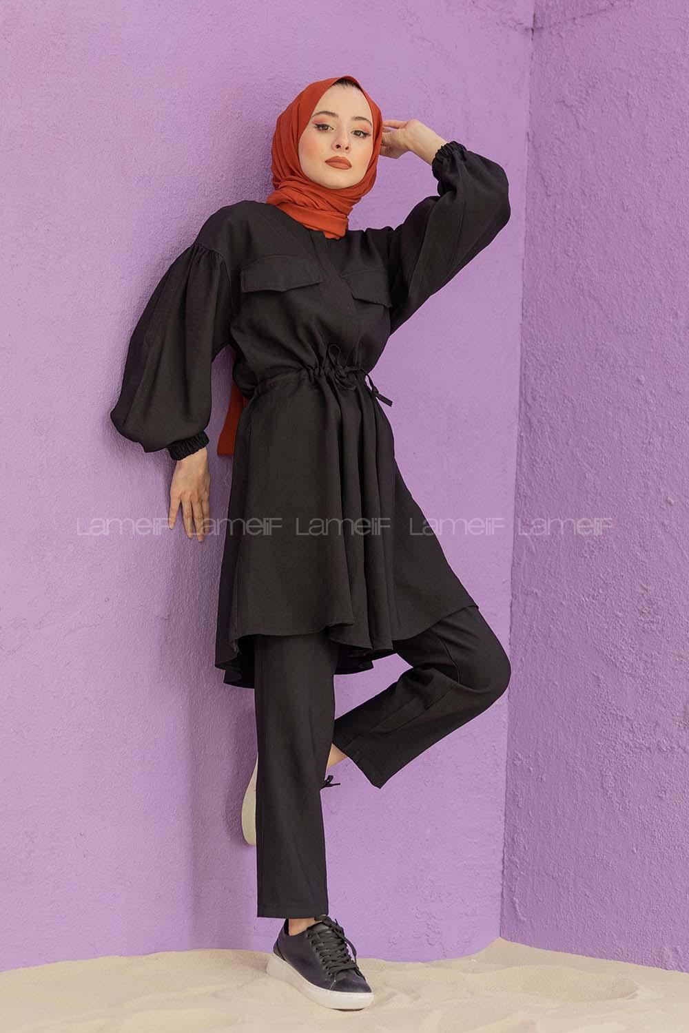 Modalamelif Bel Bağlamalı İkili Takım Siyah