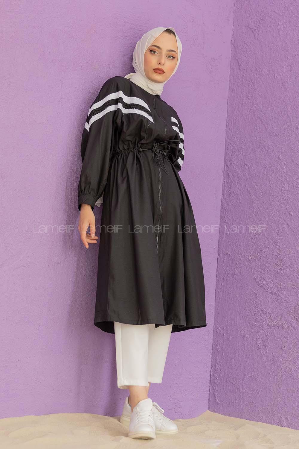 Modalamelif Bel Büzgülü Şeritli Trenç Siyah