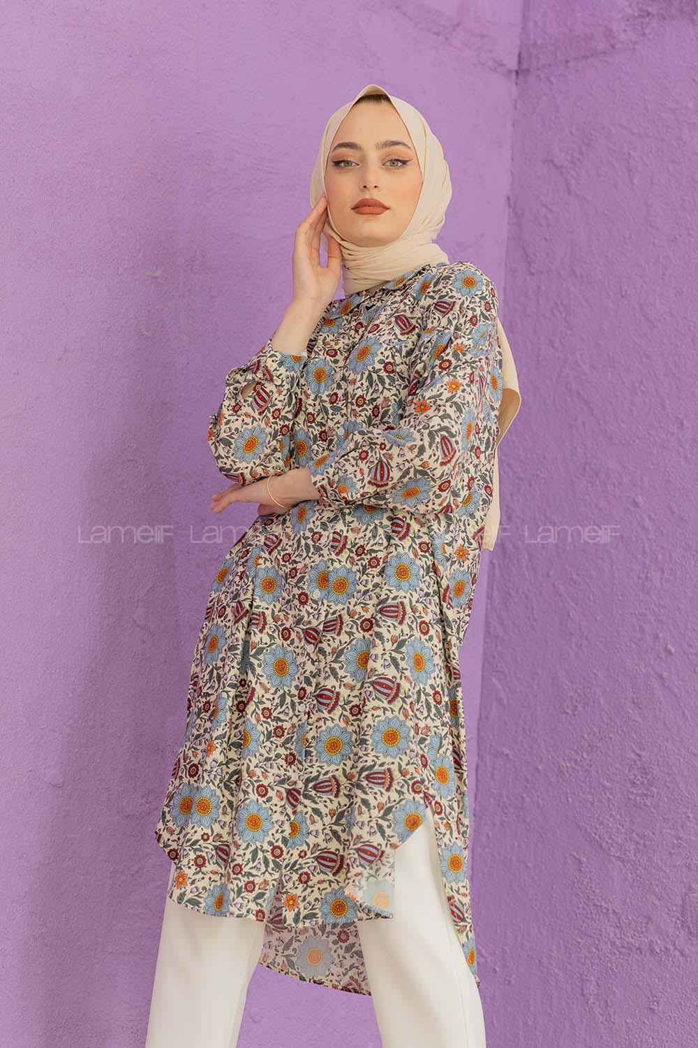 Modalamelif Çiçek Desenli Gömlek Bej