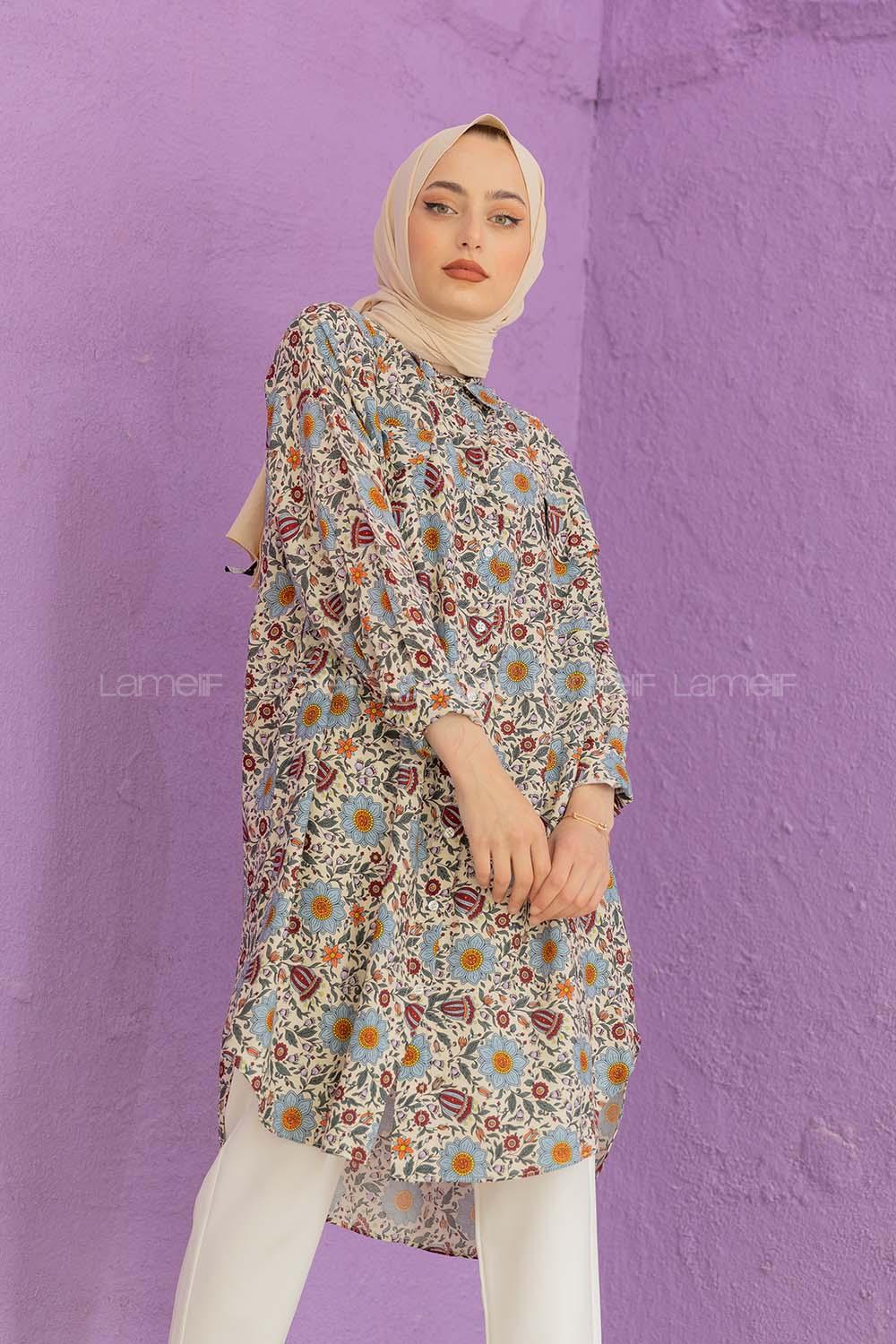 Modalamelif Çiçek Desenli Gömlek Bej