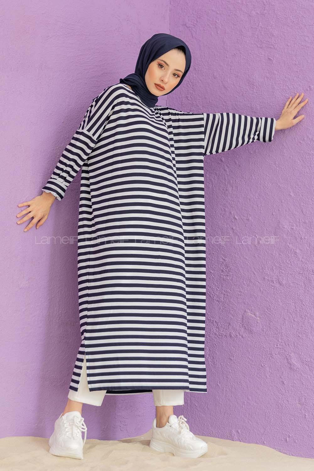 Modalamelif Çizgili Uzun Tunik Beyaz Siyah