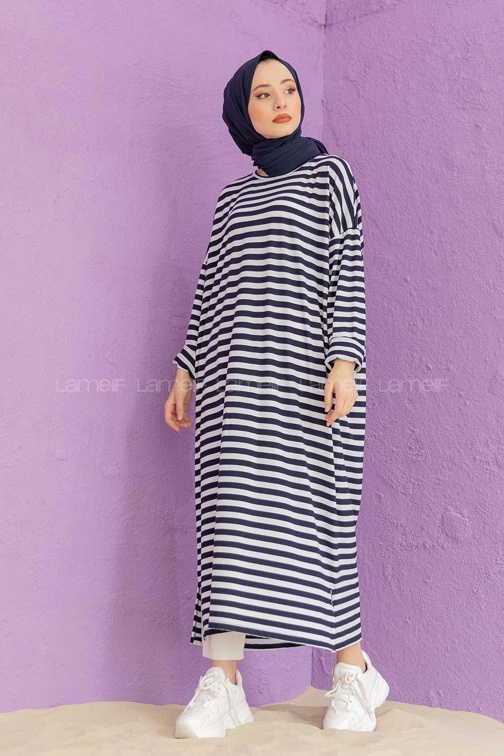 Modalamelif Çizgili Uzun Tunik Beyaz Siyah