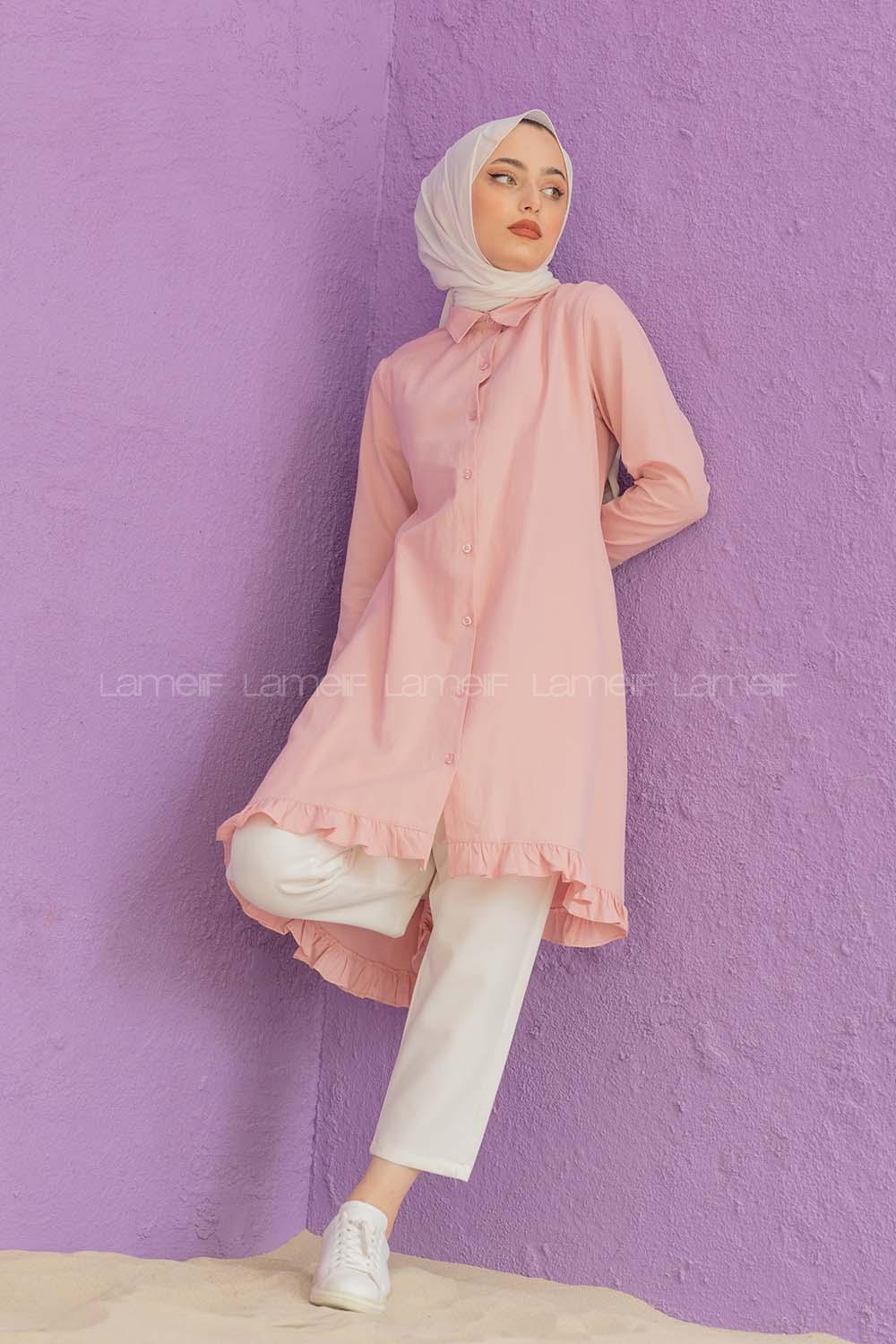 Modalamelif Eteği Fırfırlı Mevlana Tunik Pudra