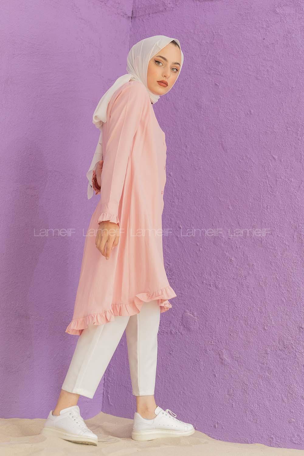 Modalamelif Eteği Fırfırlı Mevlana Tunik Pudra