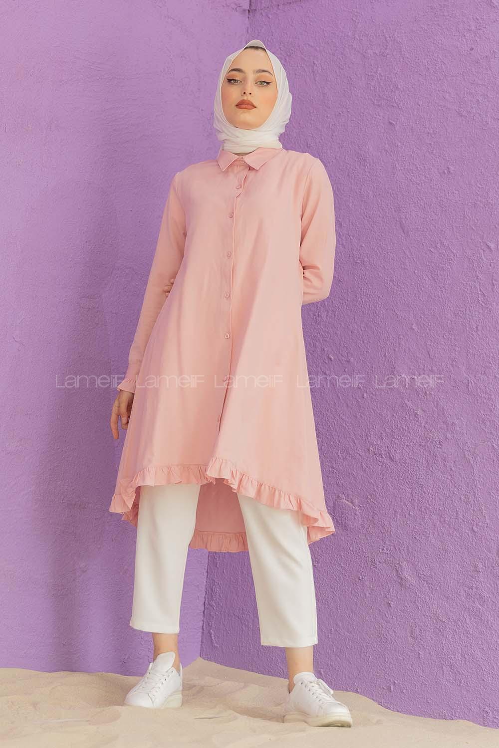 Modalamelif Eteği Fırfırlı Mevlana Tunik Pudra