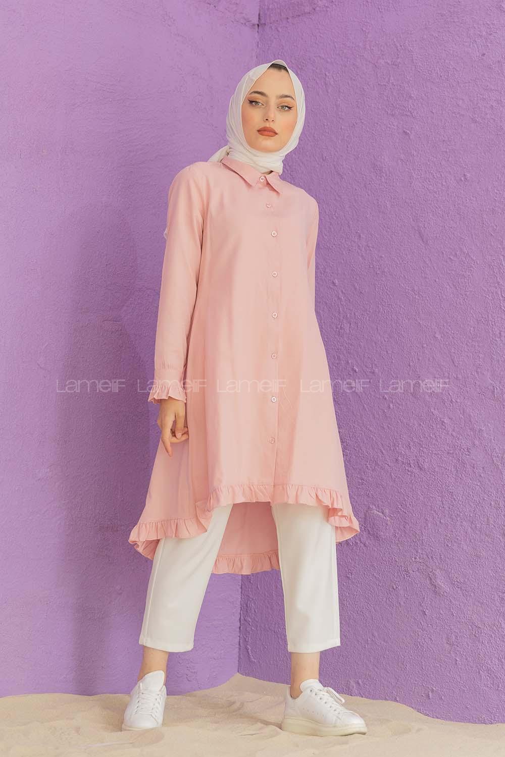 Modalamelif Eteği Fırfırlı Mevlana Tunik Pudra