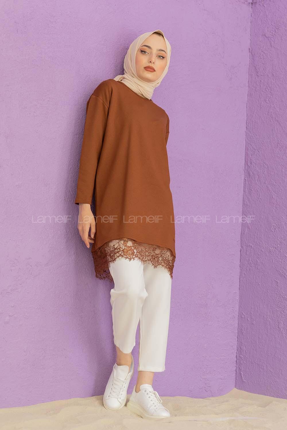 Modalamelif Etek Ucu Dantelli Tunik Acı Kahve