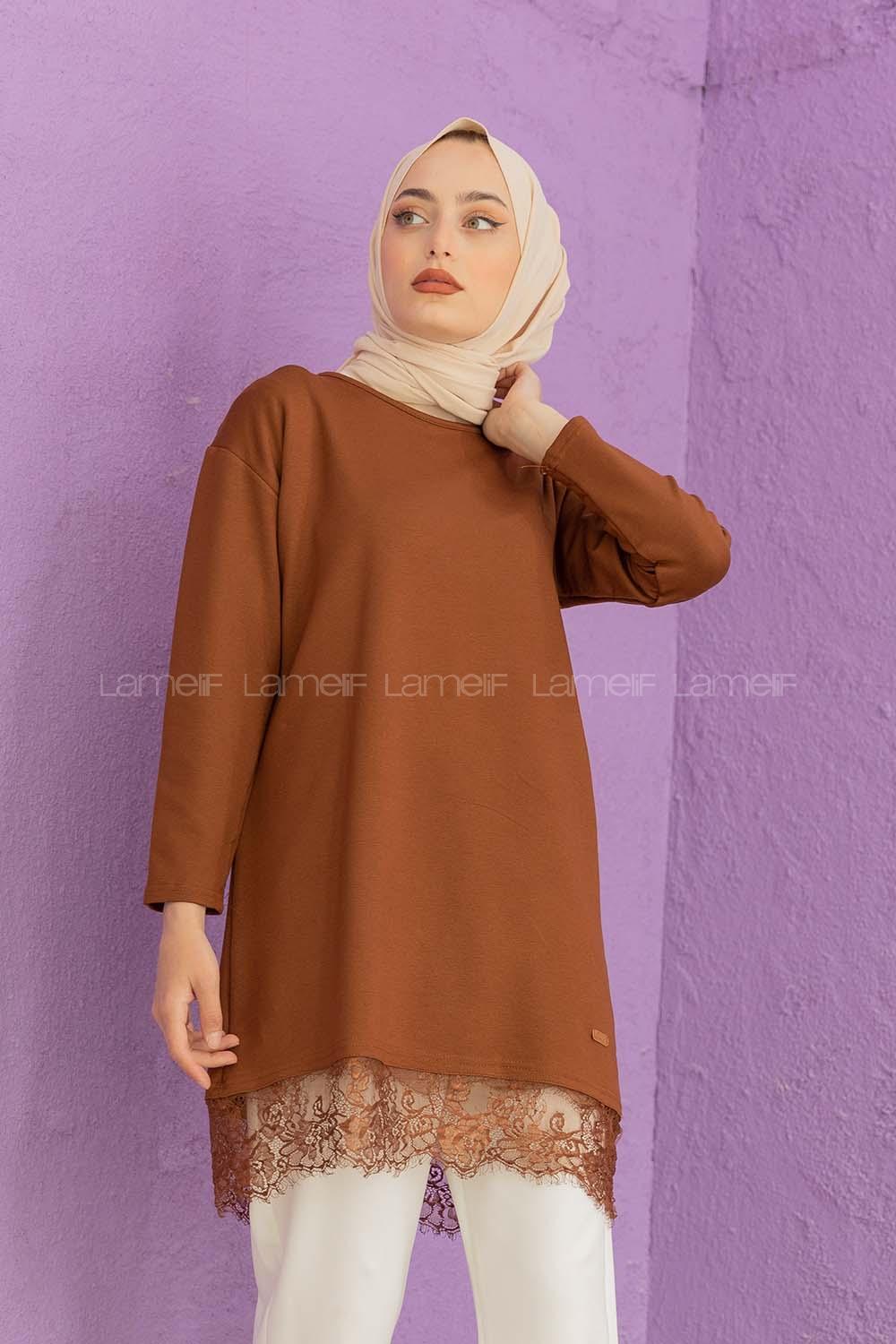 Modalamelif Etek Ucu Dantelli Tunik Acı Kahve