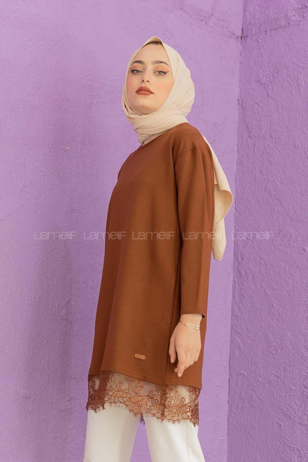 Modalamelif Etek Ucu Dantelli Tunik Acı Kahve