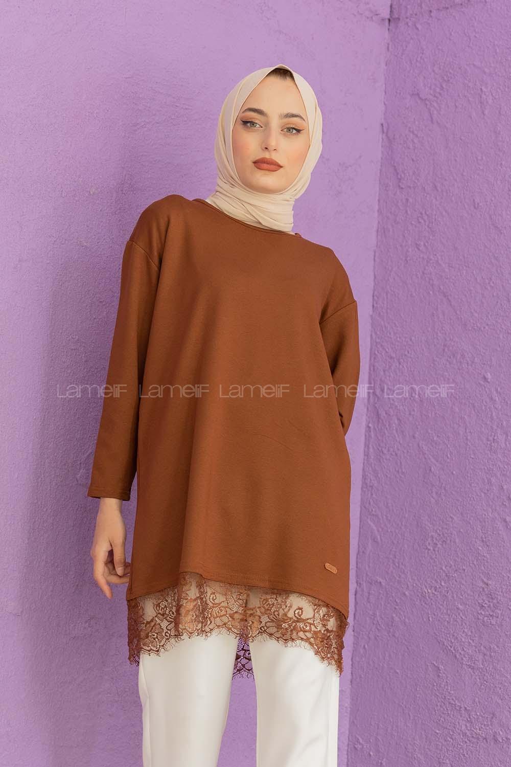 Modalamelif Etek Ucu Dantelli Tunik Acı Kahve