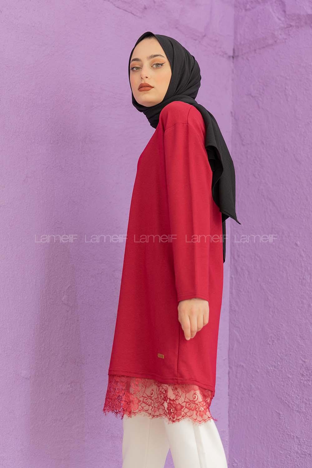 Modalamelif Etek Ucu Dantelli Tunik Bordo