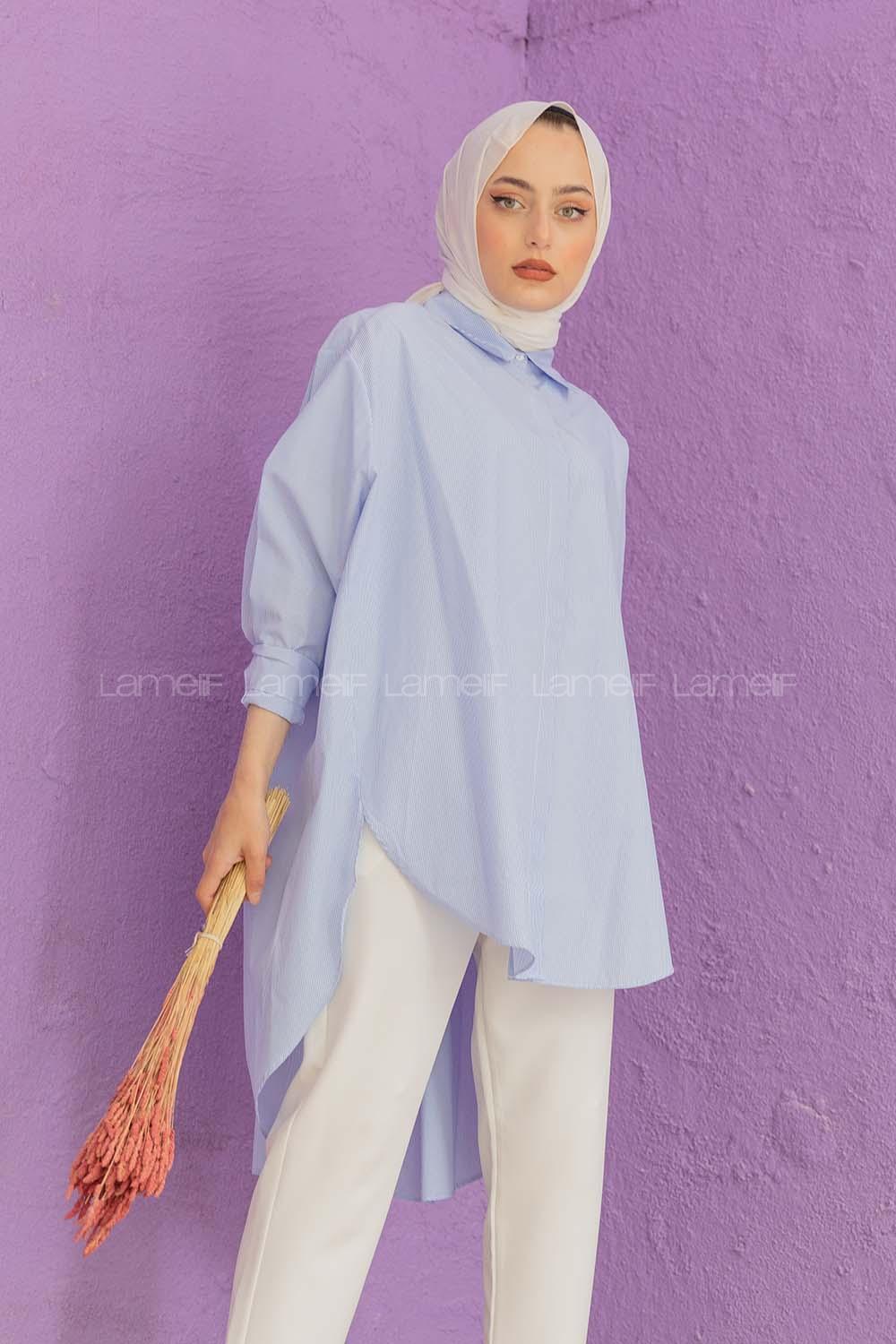 Modalamelif Gizli Düğmeli Çizgili Gömlek Mavi