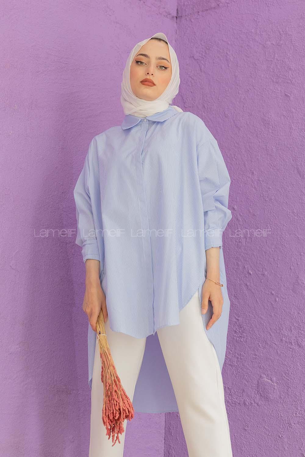 Modalamelif Gizli Düğmeli Çizgili Gömlek Mavi