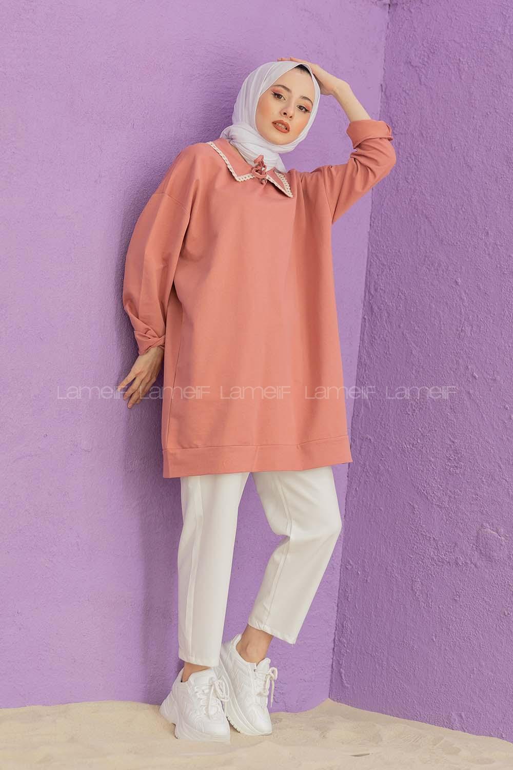 Modalamelif Yaka Güpürlü Tunik Pudra