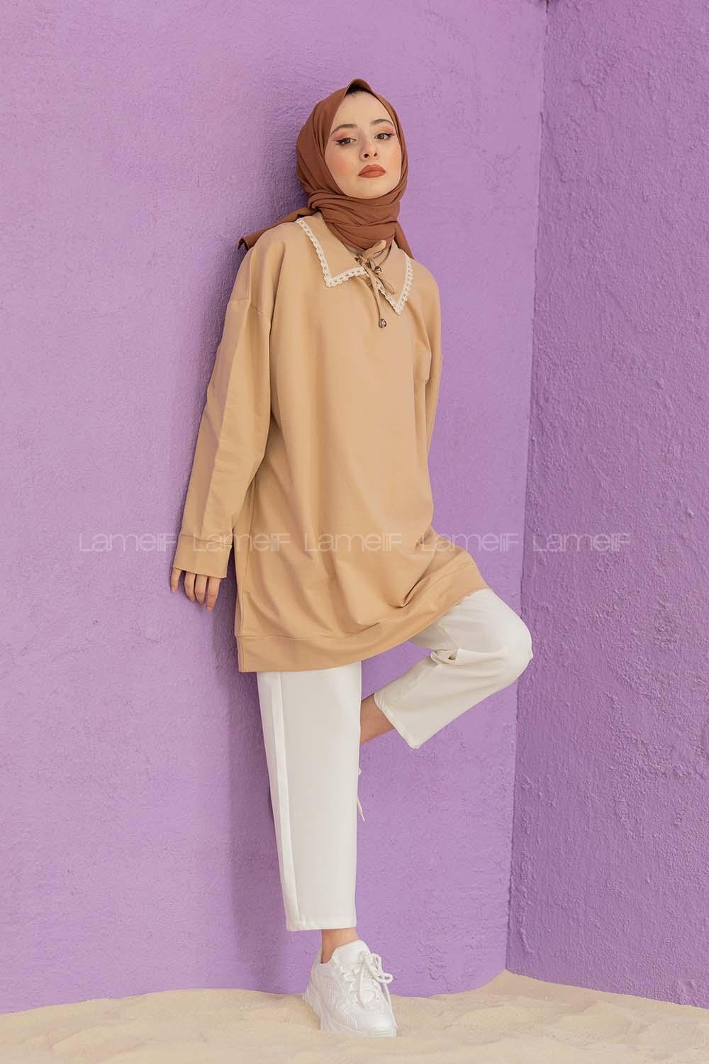 Modalamelif Yaka Güpürlü Tunik  Sütlü Kahve