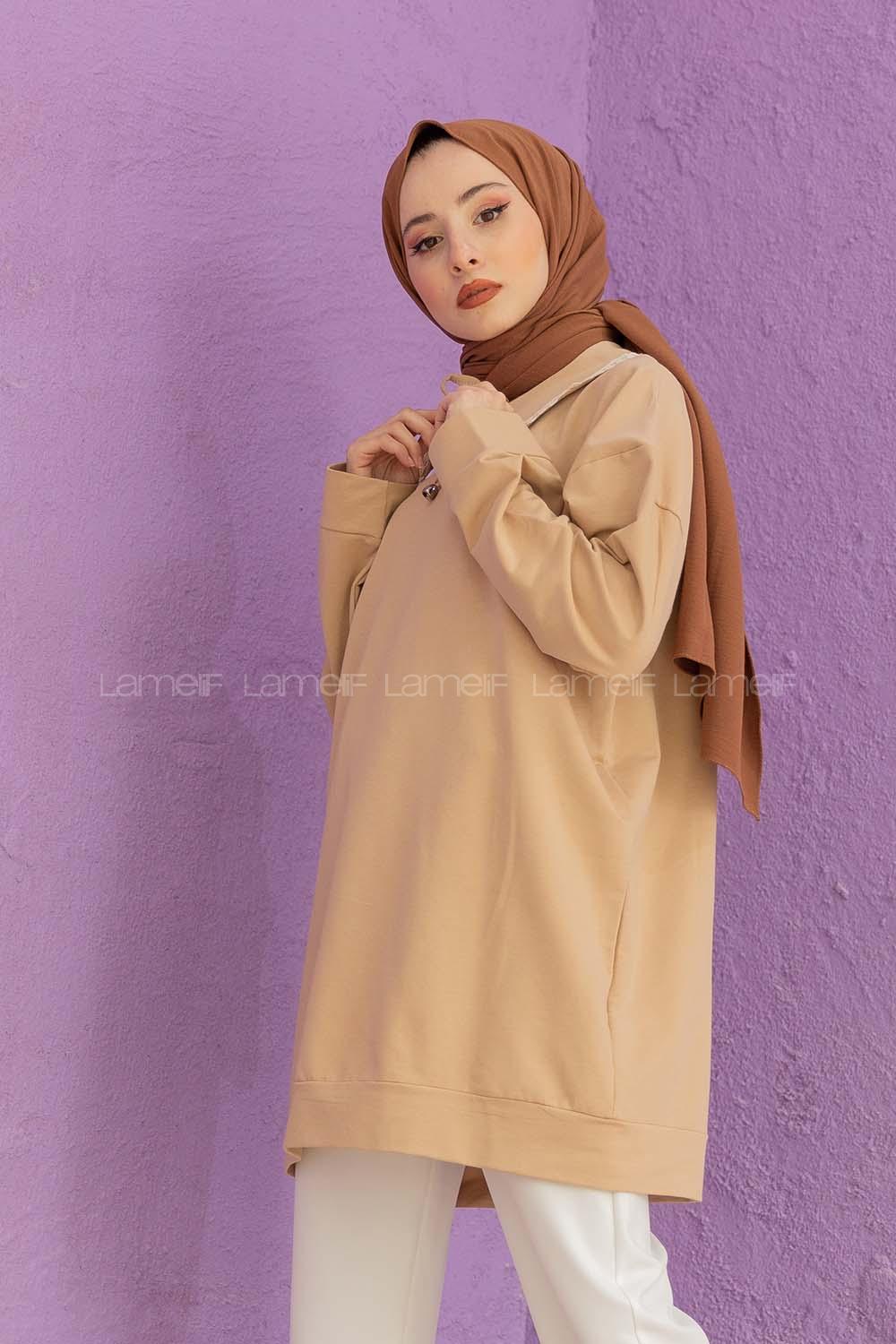 Modalamelif Yaka Güpürlü Tunik  Sütlü Kahve