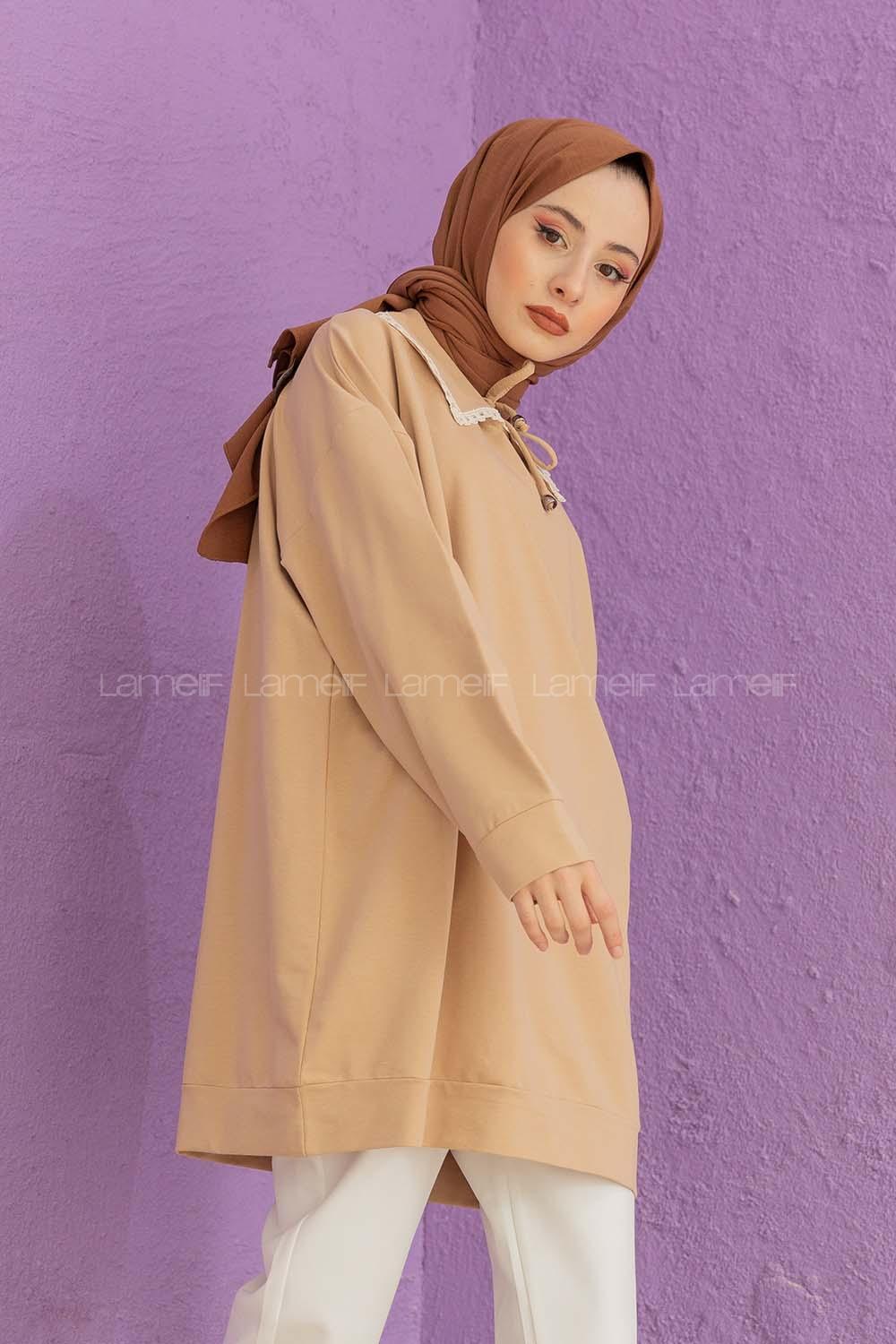 Modalamelif Yaka Güpürlü Tunik  Sütlü Kahve