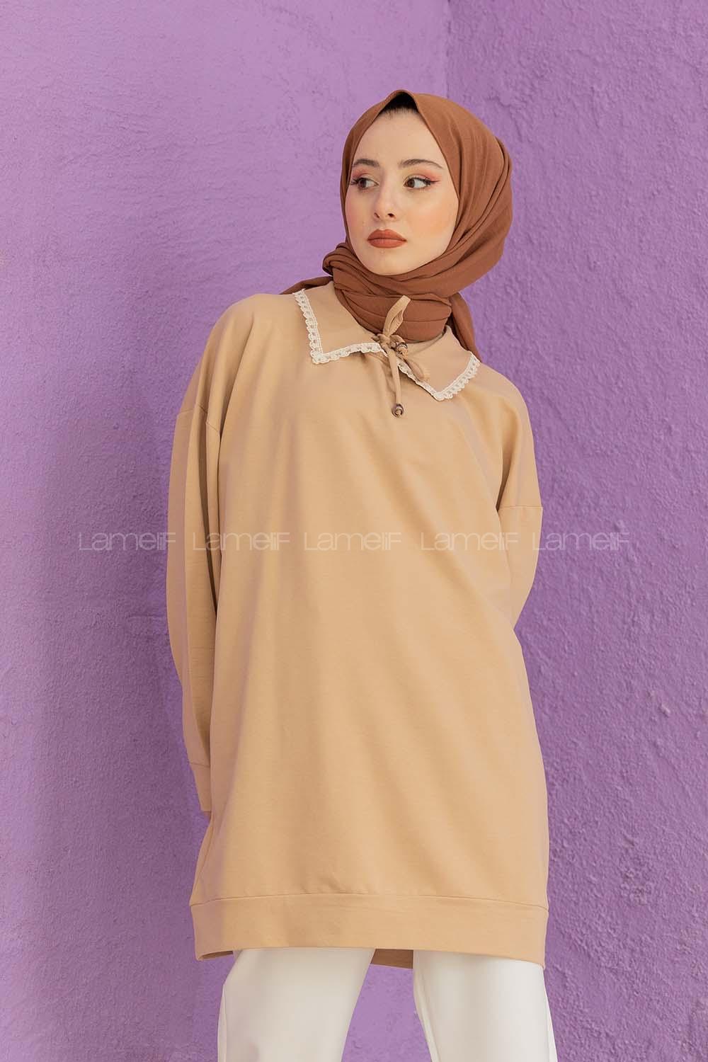 Modalamelif Yaka Güpürlü Tunik  Sütlü Kahve