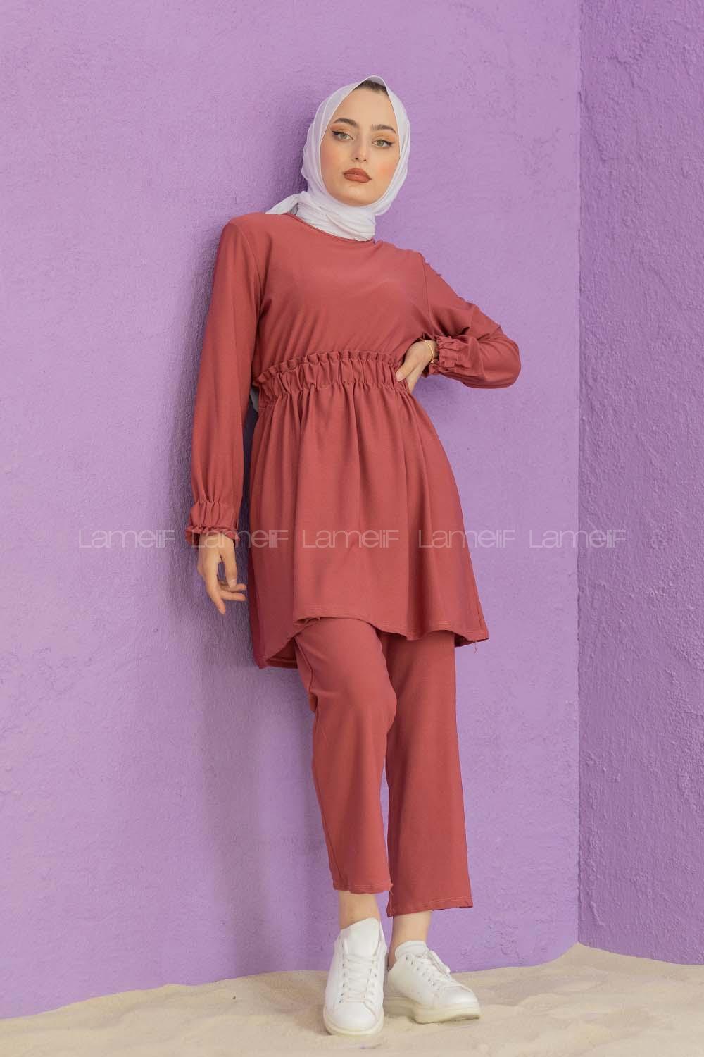 Modalamelif Bel Büzmeli Şık Takım Gül