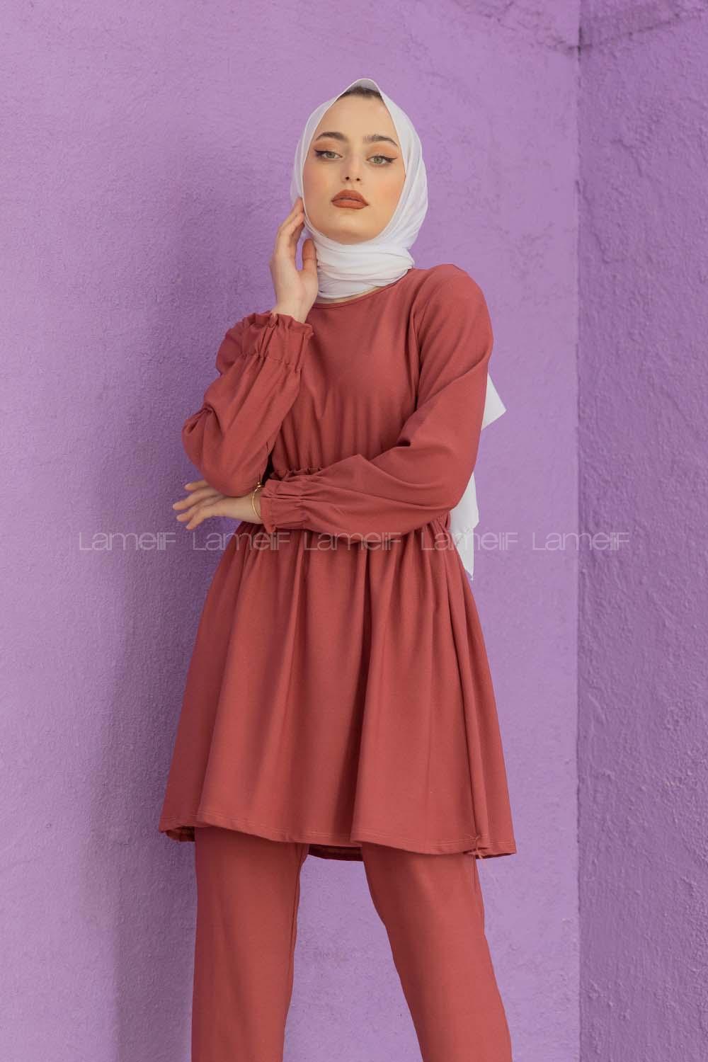 Modalamelif Bel Büzmeli Şık Takım Gül