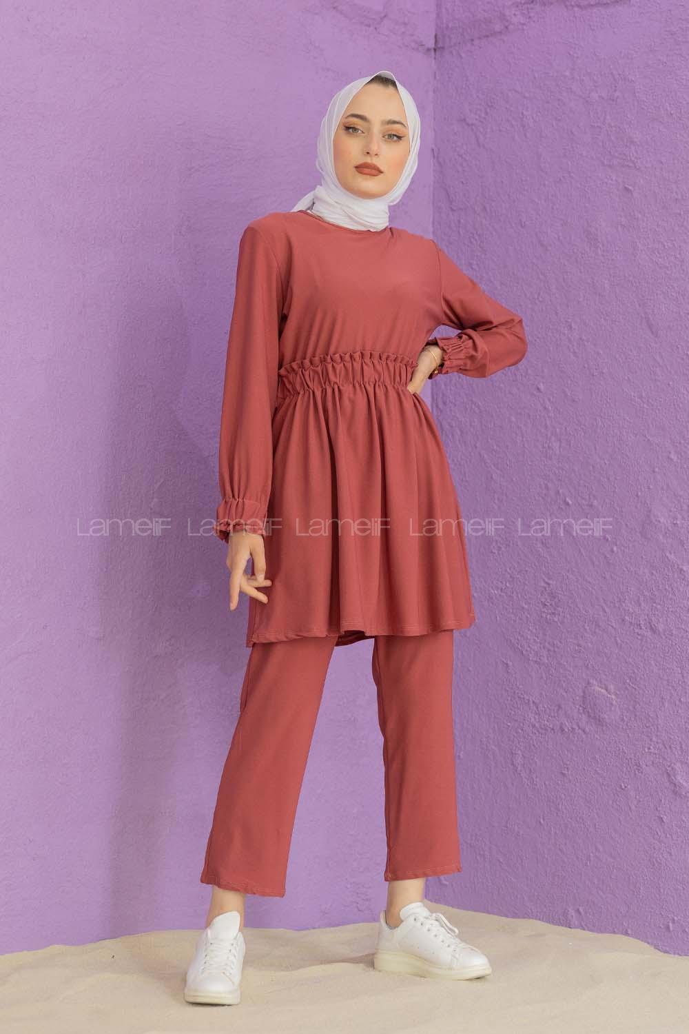 Modalamelif Bel Büzmeli Şık Takım Gül