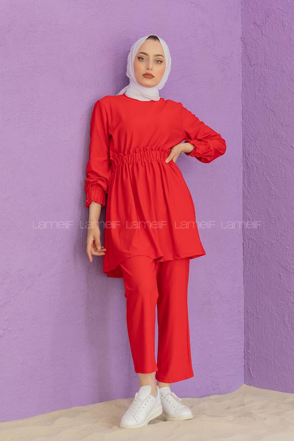 Modalamelif Bel Büzmeli Şık Takım Kırmızı