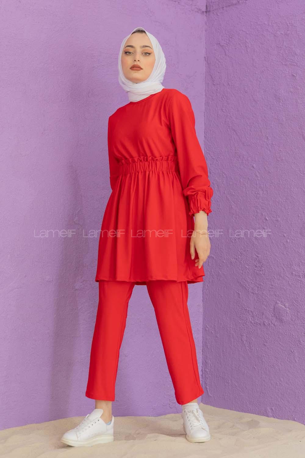 Modalamelif Bel Büzmeli Şık Takım Kırmızı