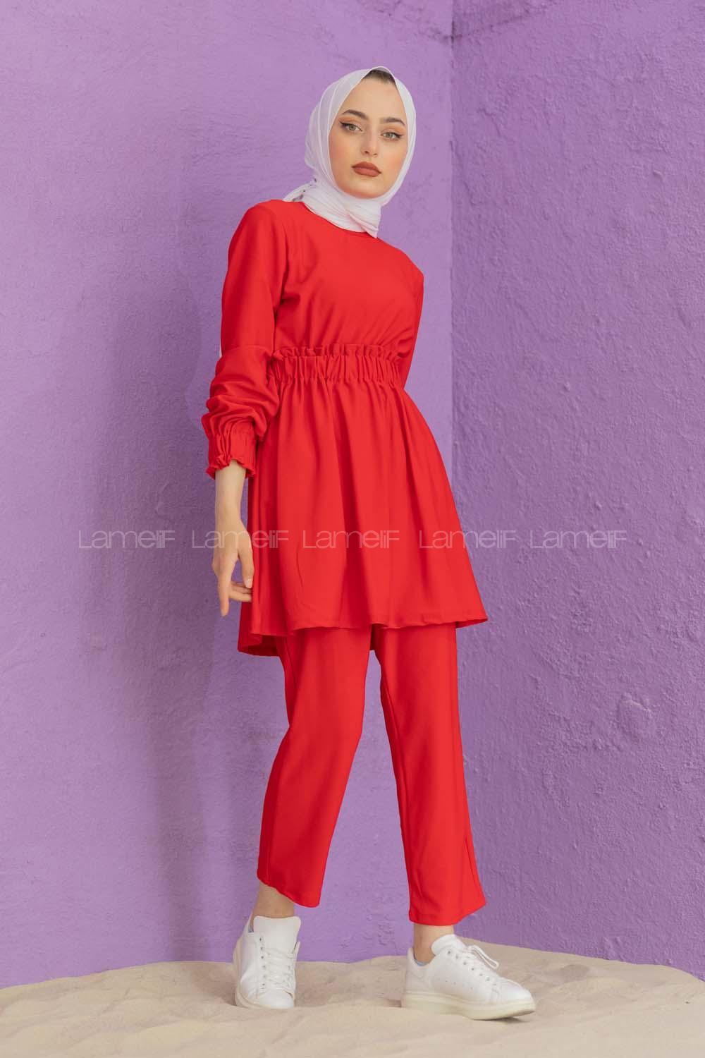 Modalamelif Bel Büzmeli Şık Takım Kırmızı