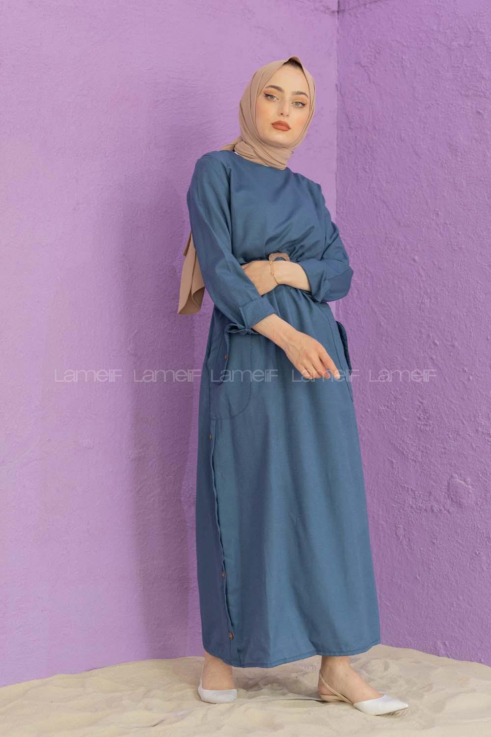 Modalamelif Belden Bağlamalı Elbise İndigo