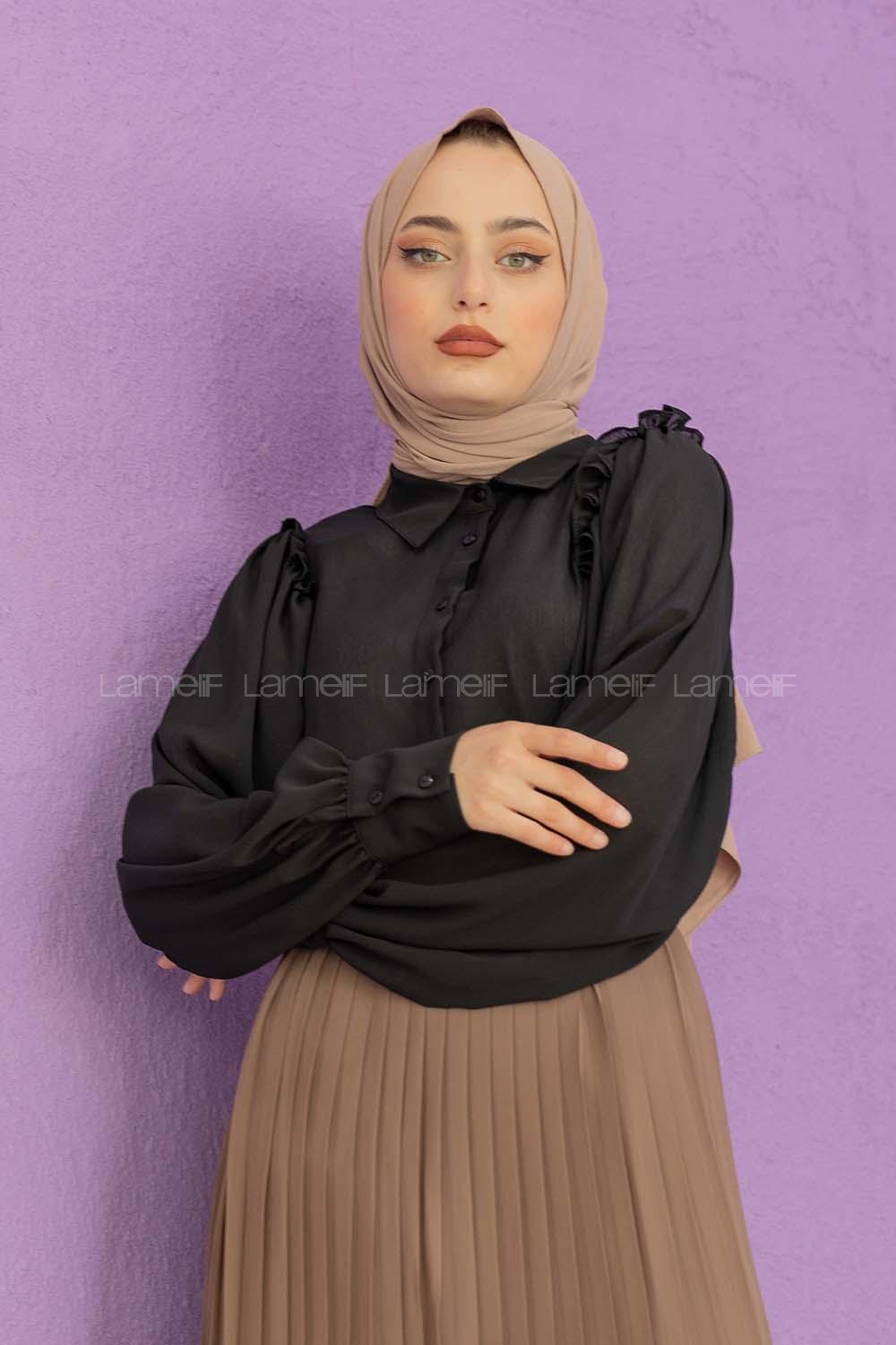 Modalamelif Fırfır Detaylı Balon Kol Gömlek Siyah