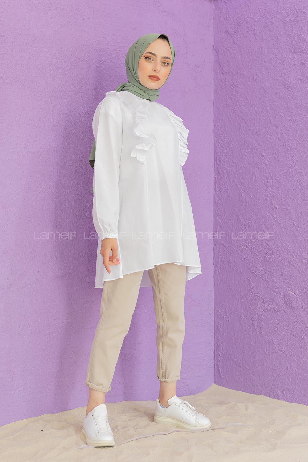 Modalamelif Hakim Yaka Fırfırlı Tunik Beyaz
