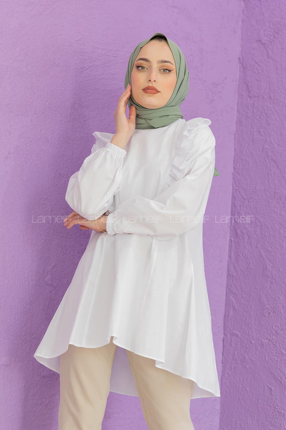 Modalamelif Hakim Yaka Fırfırlı Tunik Beyaz