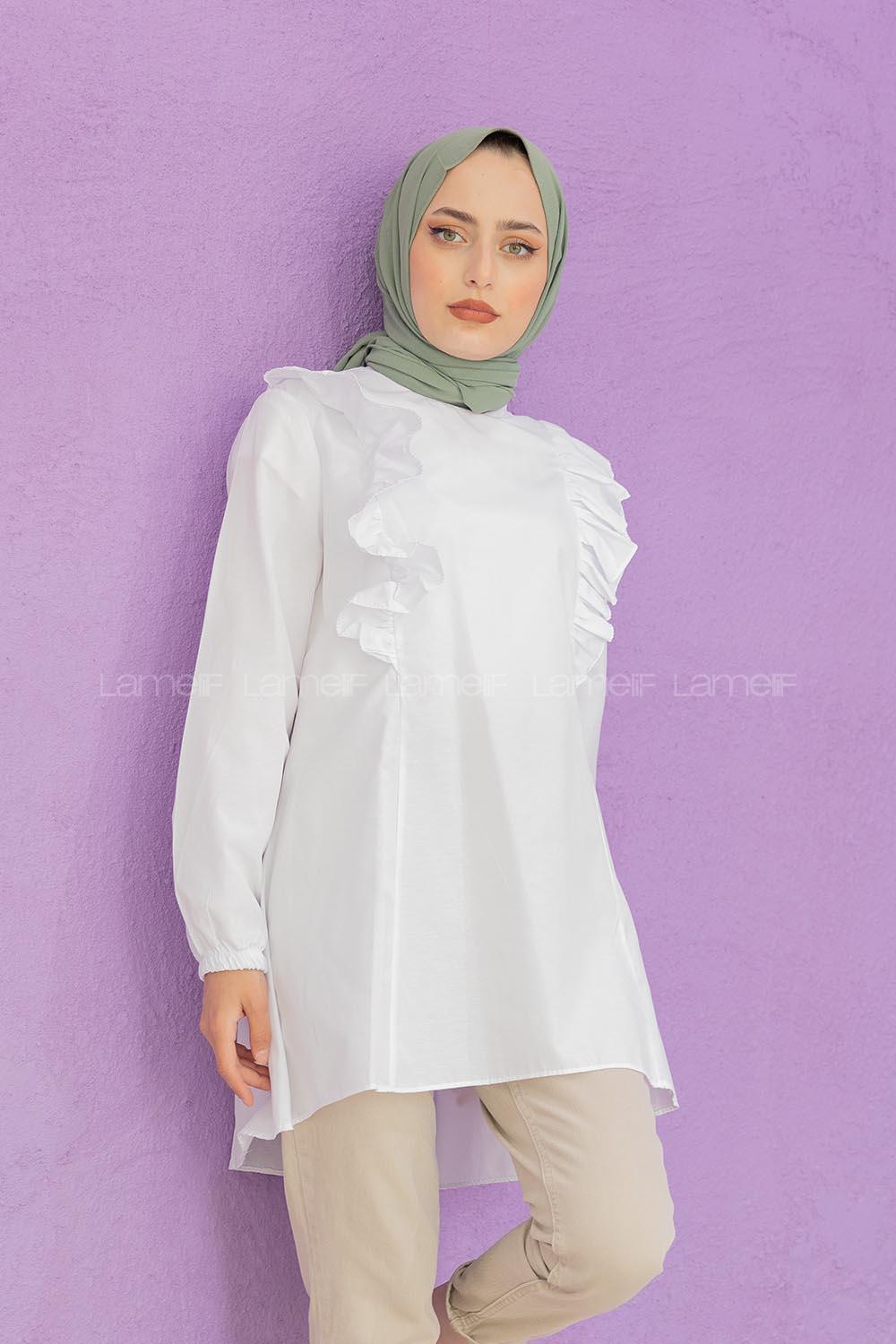 Modalamelif Hakim Yaka Fırfırlı Tunik Beyaz