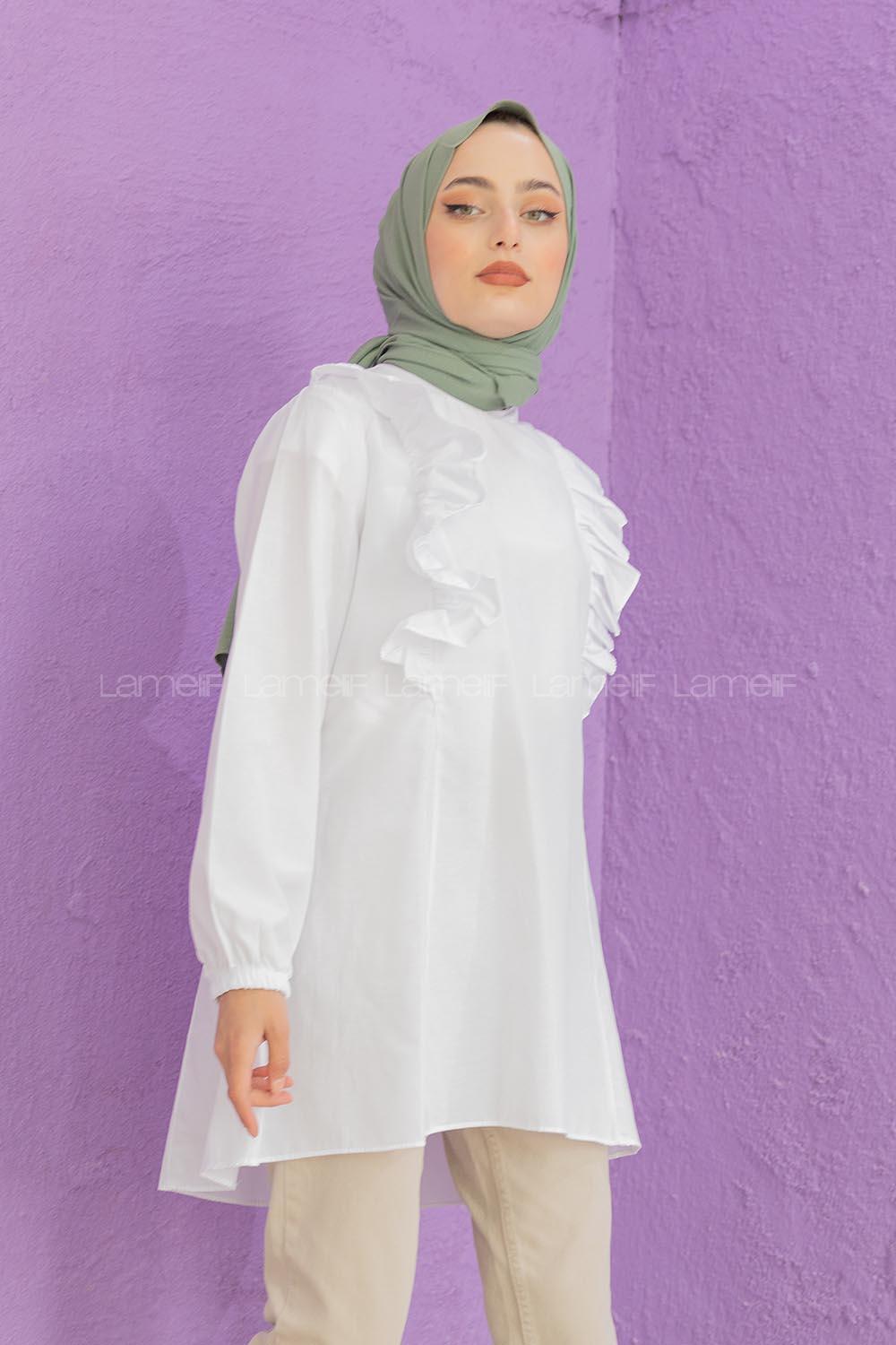 Modalamelif Hakim Yaka Fırfırlı Tunik Beyaz