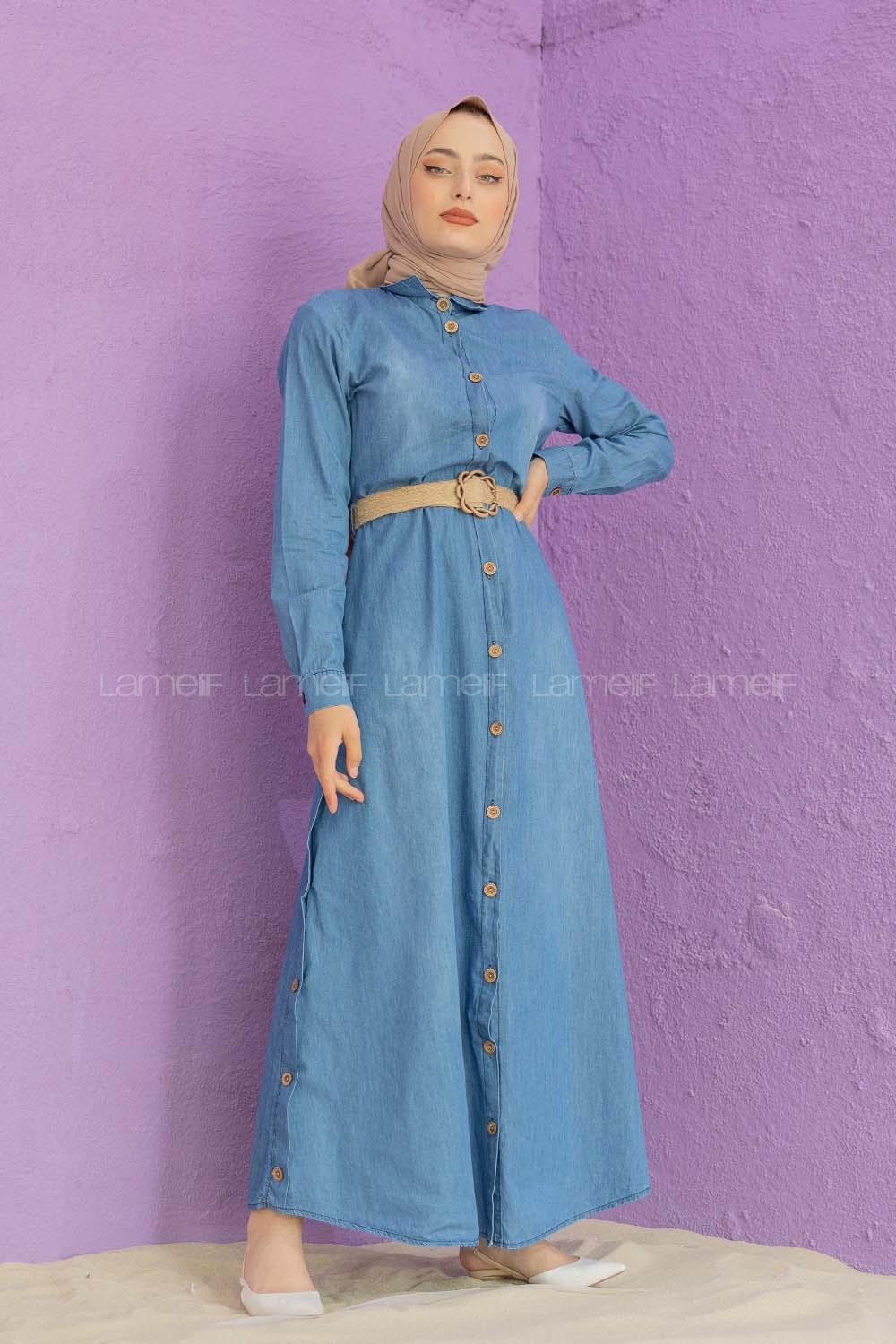 Modalamelif Hasır Kemerli Kot Elbise Mavi