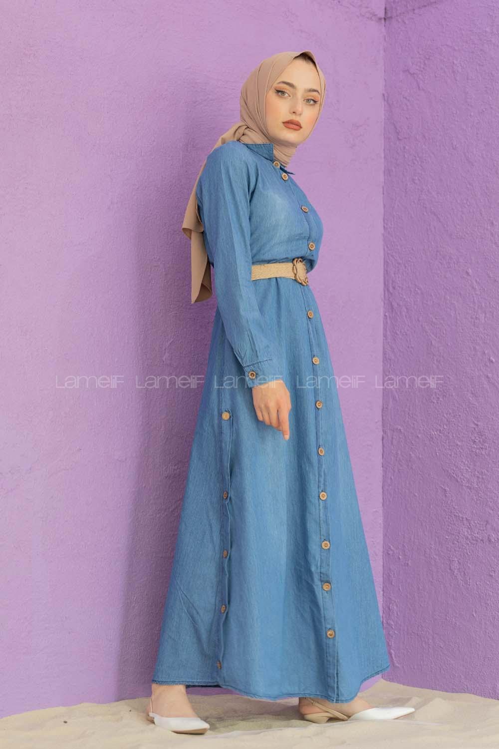 Modalamelif Hasır Kemerli Kot Elbise Mavi