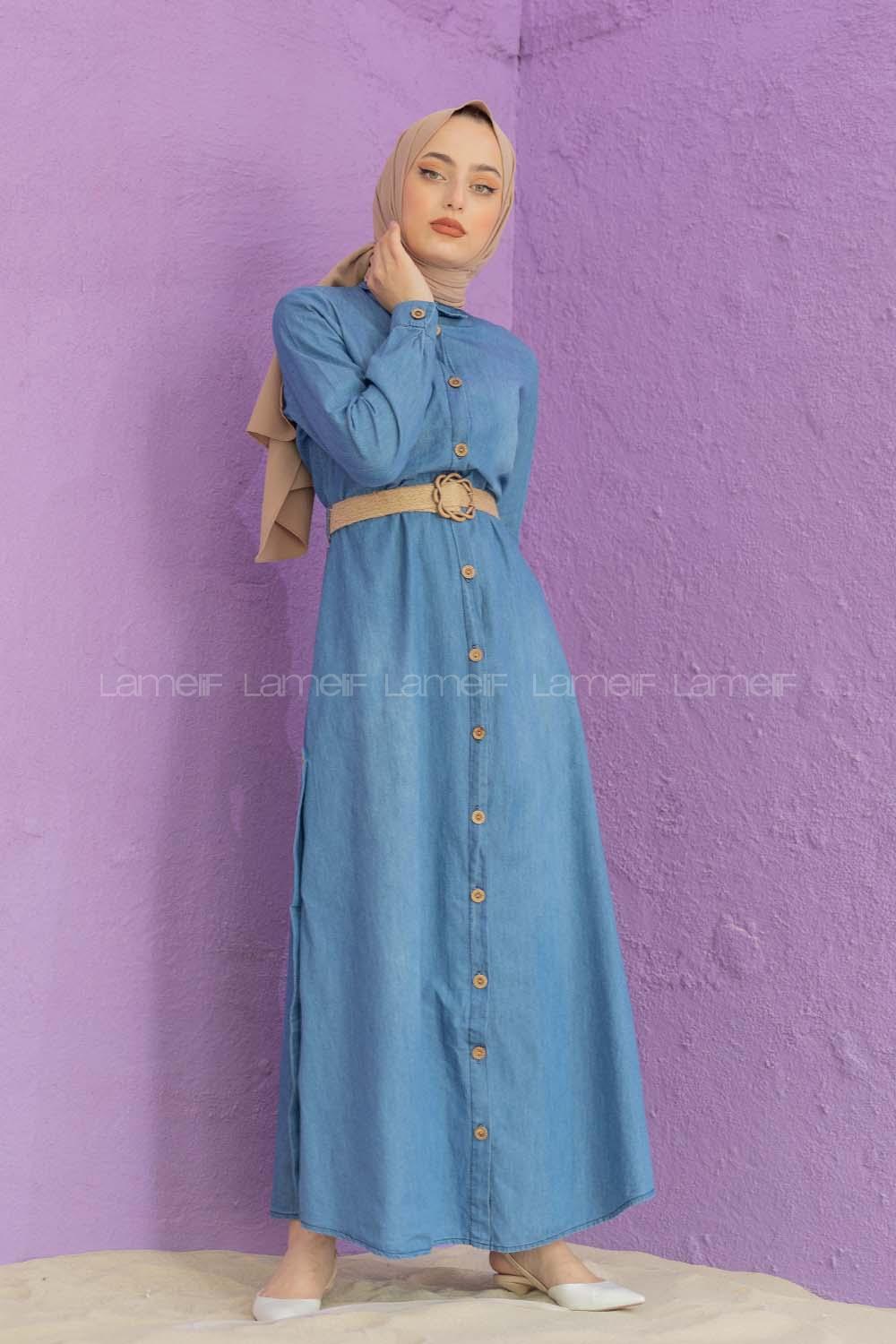Modalamelif Hasır Kemerli Kot Elbise Mavi