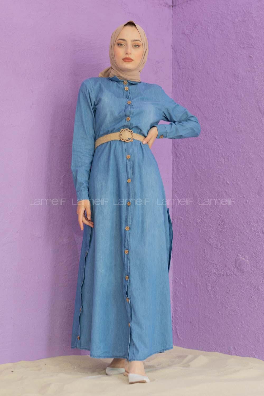 Modalamelif Hasır Kemerli Kot Elbise Mavi