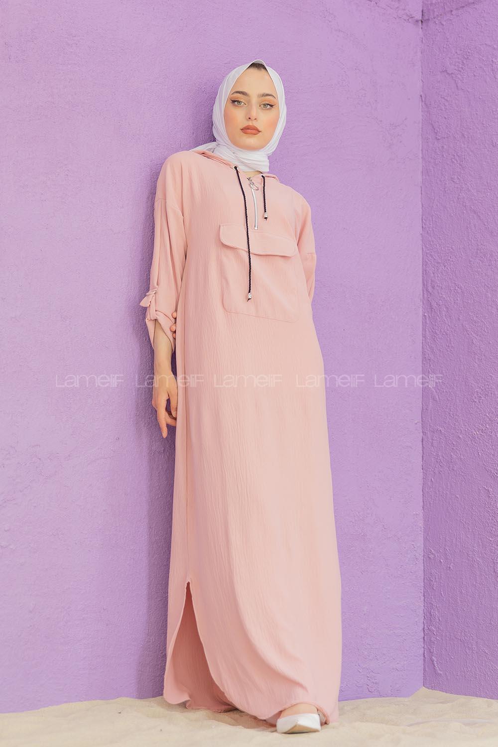 Modalamelif Kanguru Cepli Ayrobin  Elbise Pudra