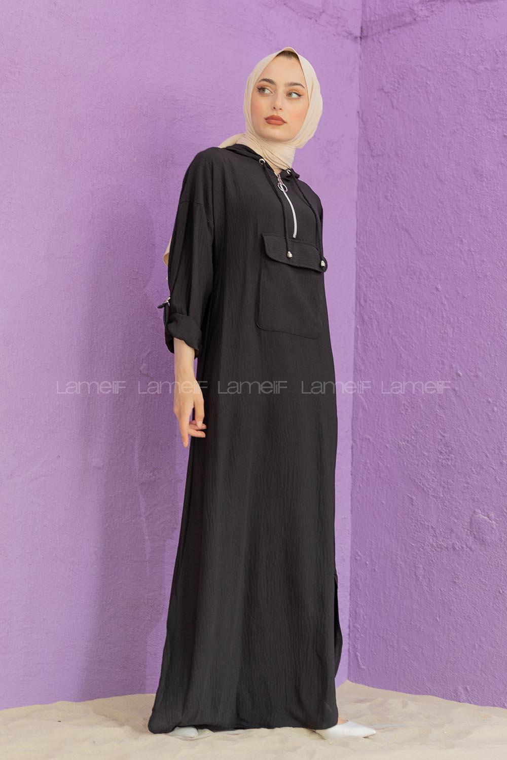 Modalamelif Kanguru Cepli Ayrobin  Elbise Siyah