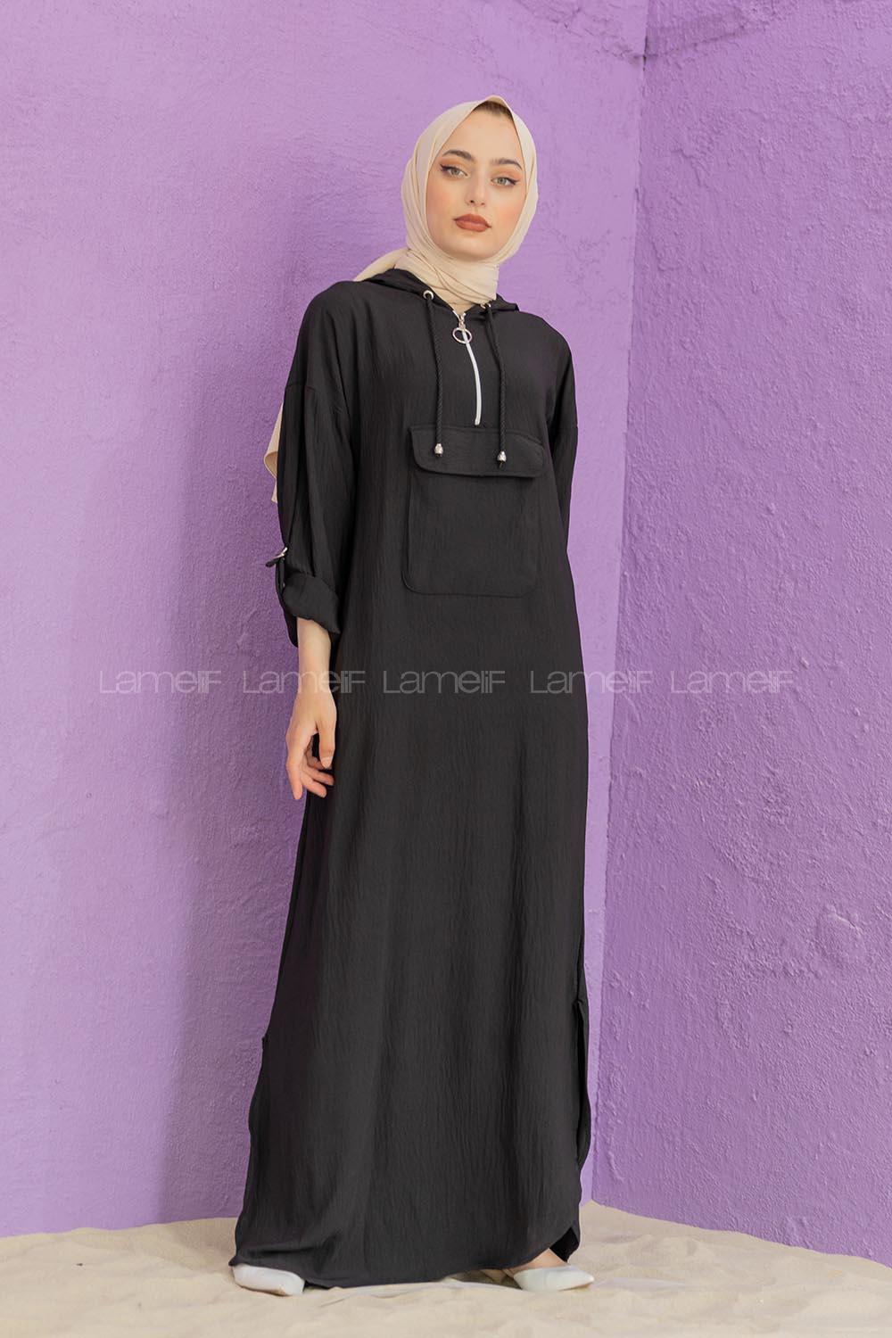 Modalamelif Kanguru Cepli Ayrobin  Elbise Siyah