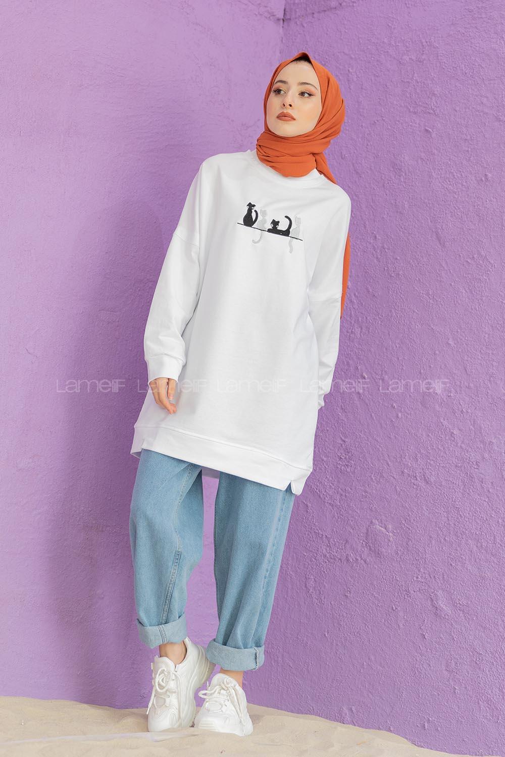Modalamelif Kedi Baskılı Sweatshirt Beyaz