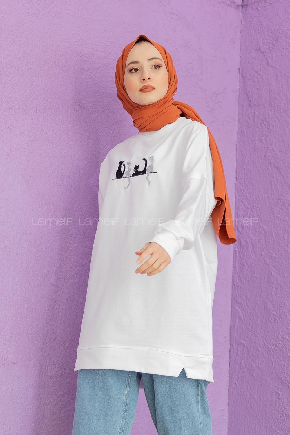 Modalamelif Kedi Baskılı Sweatshirt Beyaz