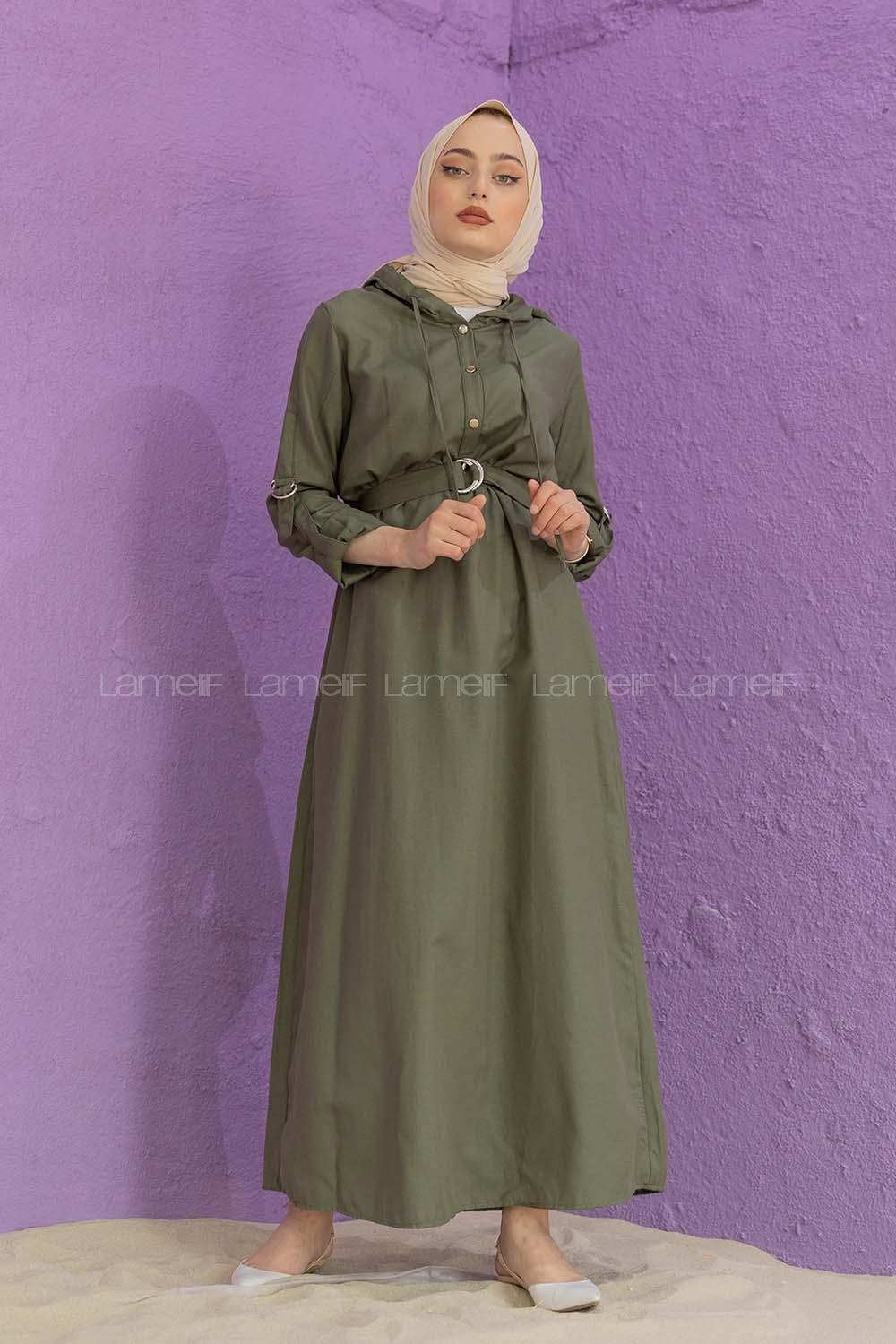 Modalamelif Kemerli Kuşaklı Elbise Haki