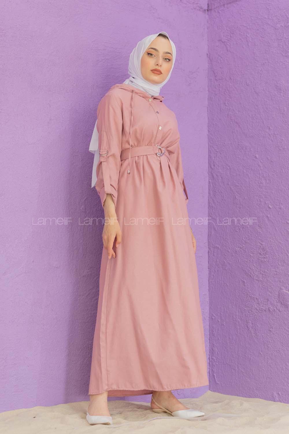 Modalamelif Kemerli Kuşaklı Elbise Pudra