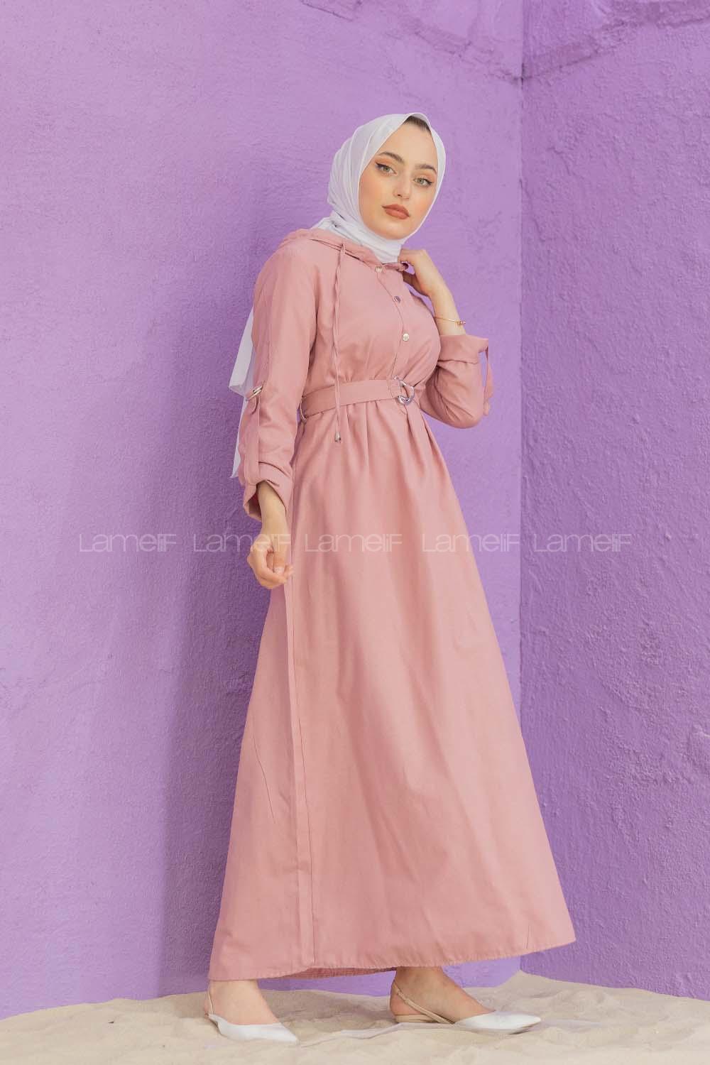 Modalamelif Kemerli Kuşaklı Elbise Pudra