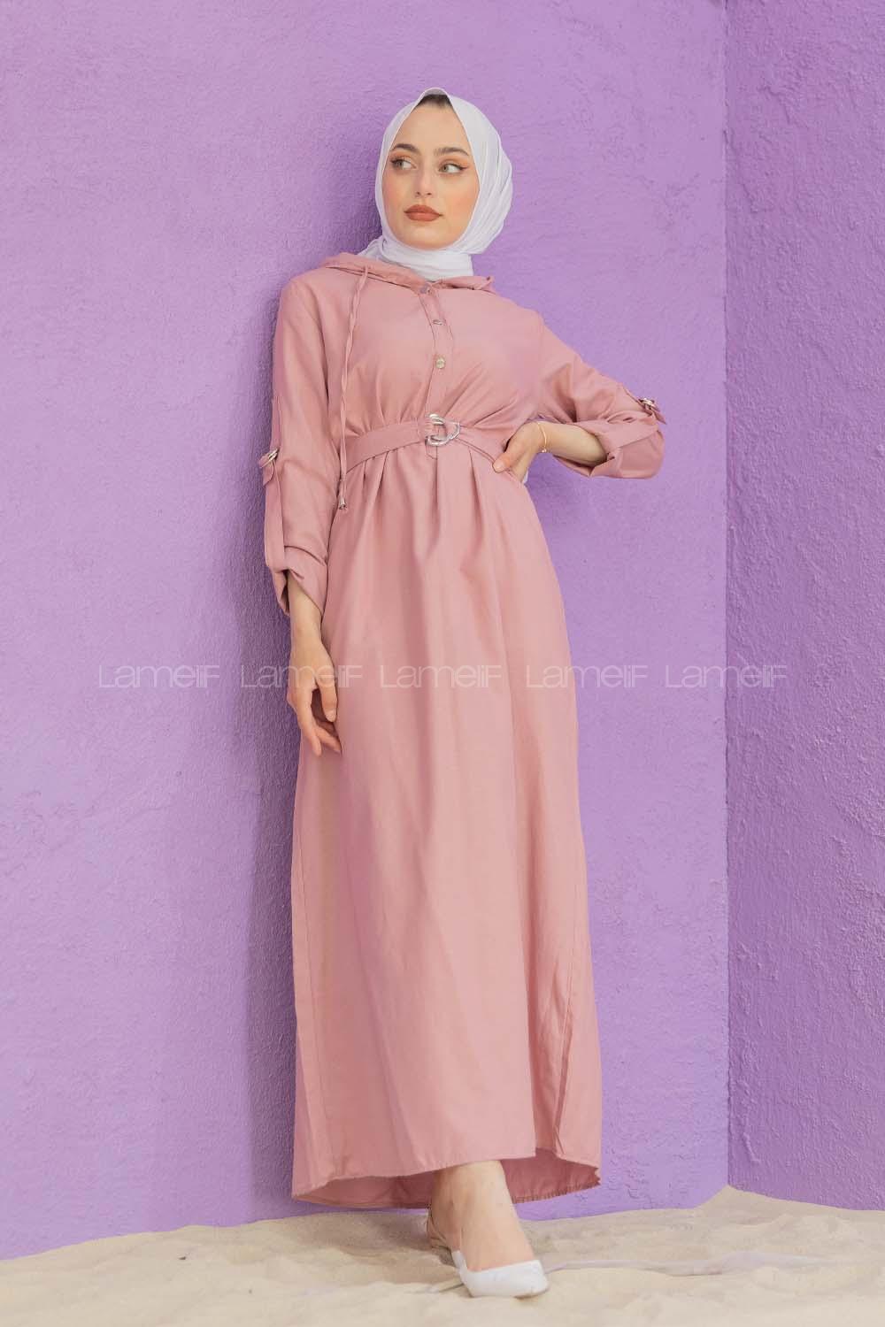 Modalamelif Kemerli Kuşaklı Elbise Pudra