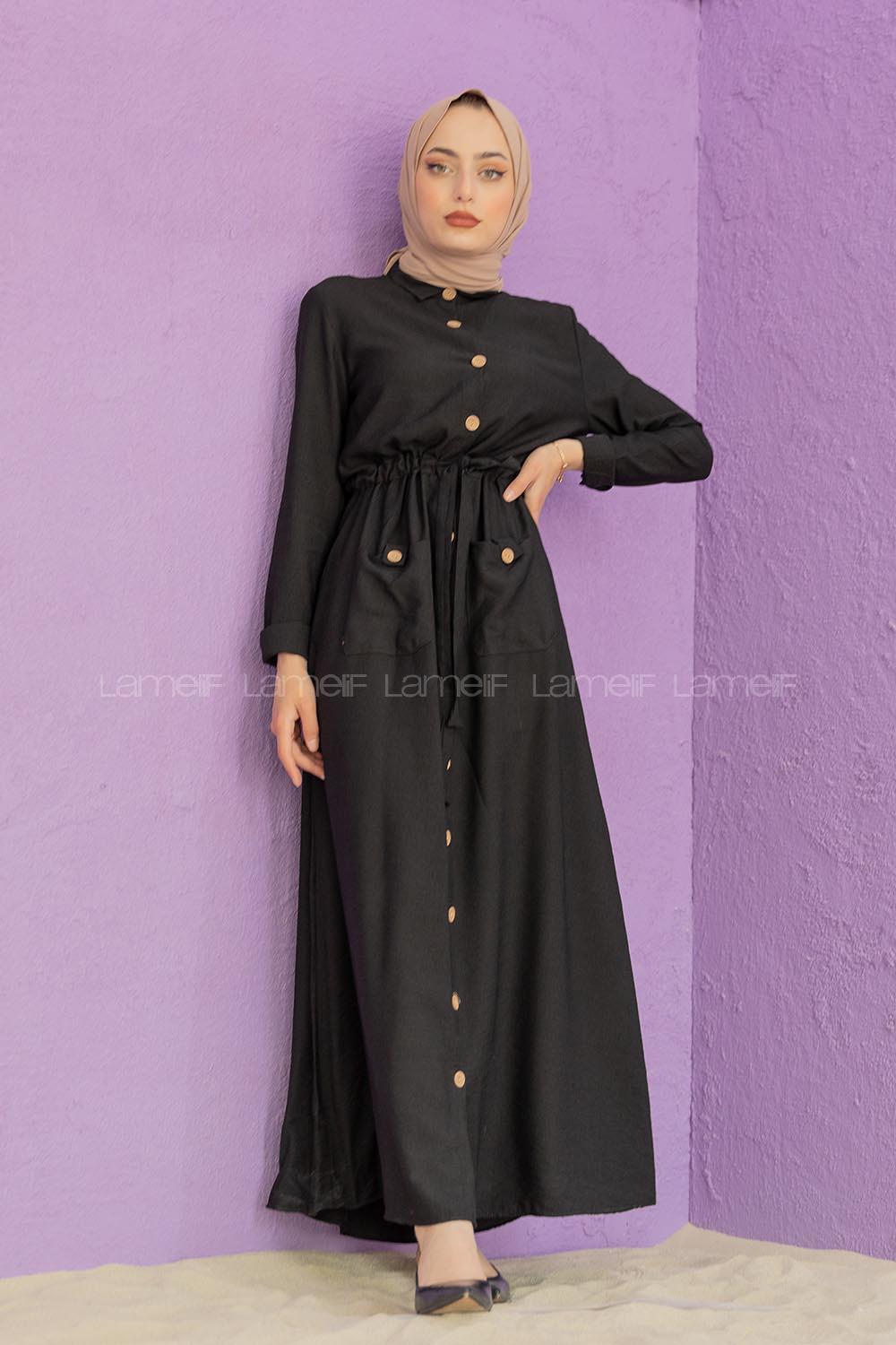 Modalamelif Tahta Düğmeli Ayrobin Elbise Siyah