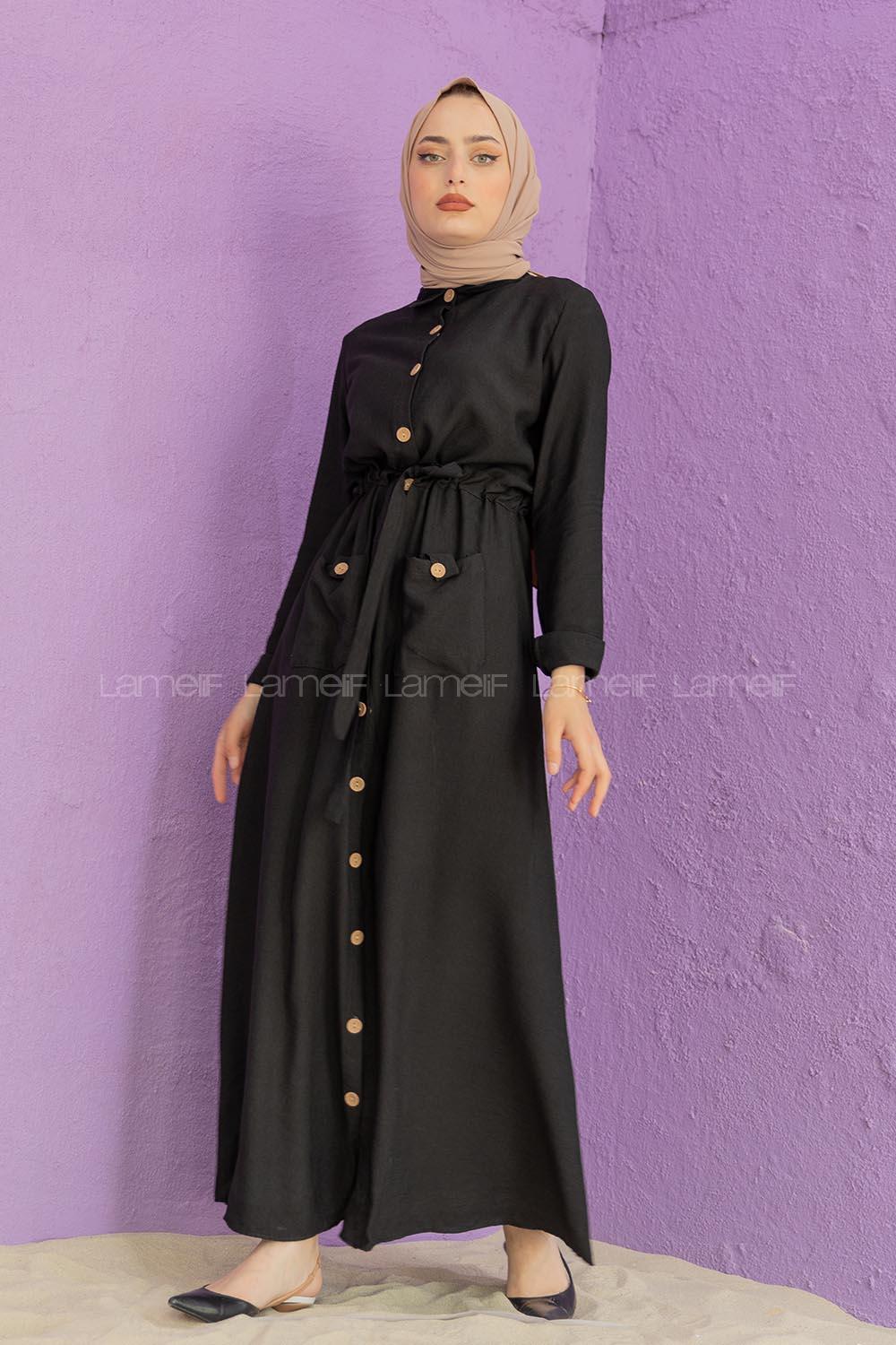 Modalamelif Tahta Düğmeli Ayrobin Elbise Siyah